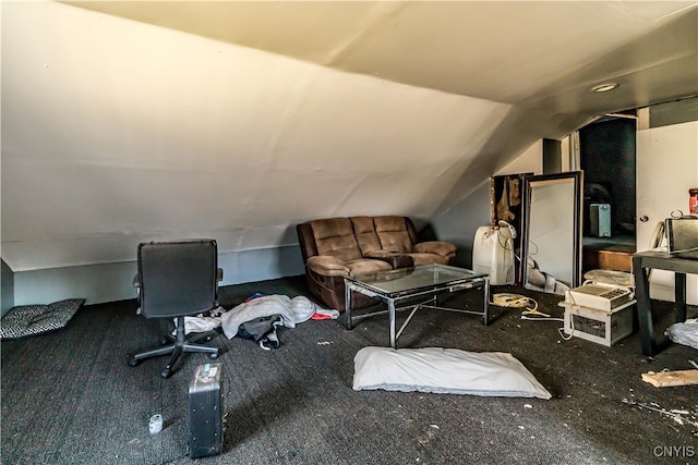 home office with carpet flooring and lofted ceiling