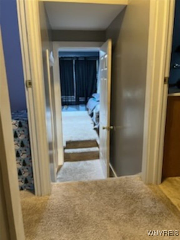 hallway featuring light colored carpet