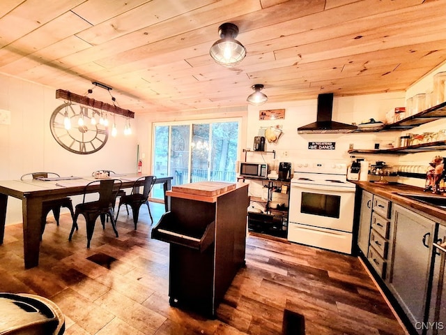 kitchen featuring extractor fan, wood-type flooring, wooden ceiling, white electric range, and butcher block countertops