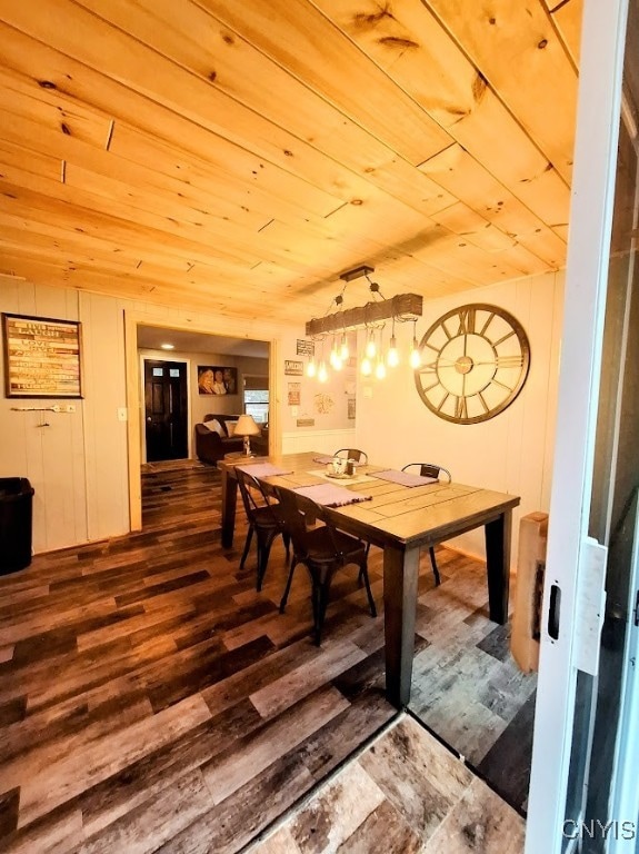 dining area featuring hardwood / wood-style floors, lofted ceiling, and wood ceiling