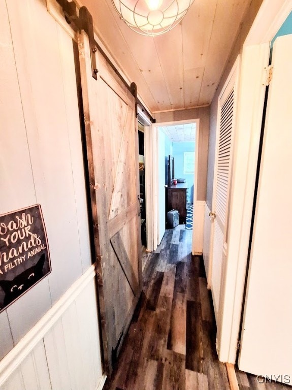 corridor featuring a barn door and dark wood-type flooring