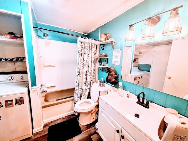 full bathroom with vanity, shower / bathtub combination with curtain, hardwood / wood-style floors, washer / clothes dryer, and toilet