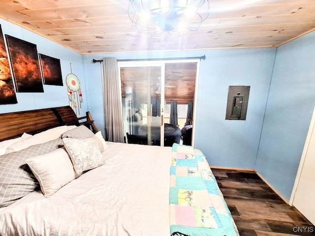 bedroom featuring wood-type flooring and wooden ceiling