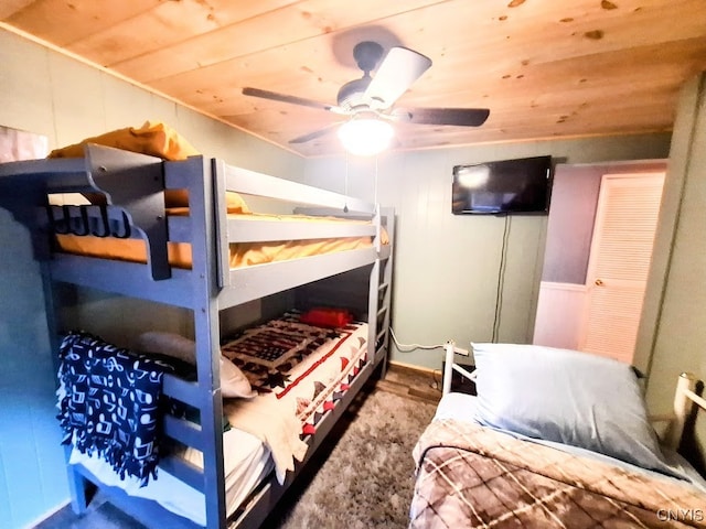 bedroom with ceiling fan and wood ceiling