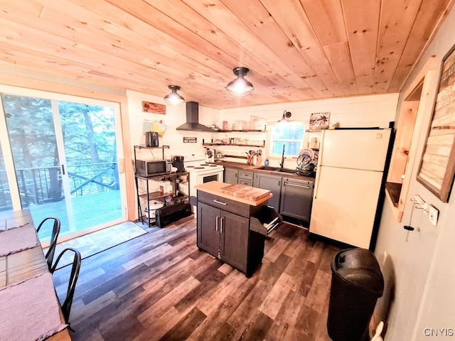 kitchen with wood ceiling, white appliances, dark wood-type flooring, sink, and wall chimney range hood