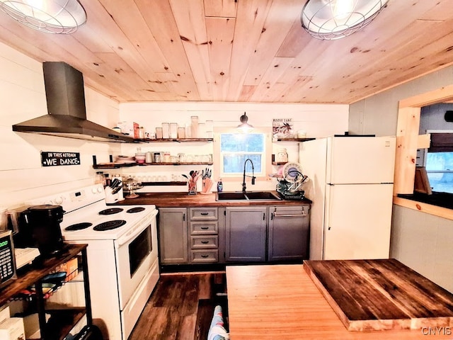 kitchen with wood ceiling, sink, extractor fan, and white appliances