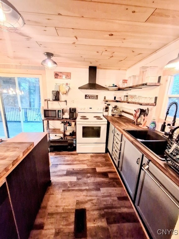 kitchen with wall chimney exhaust hood, wood ceiling, sink, white electric stove, and hardwood / wood-style floors