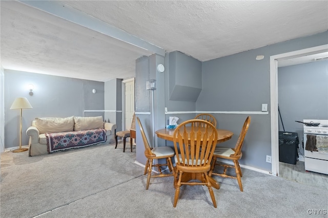 carpeted dining area with a textured ceiling