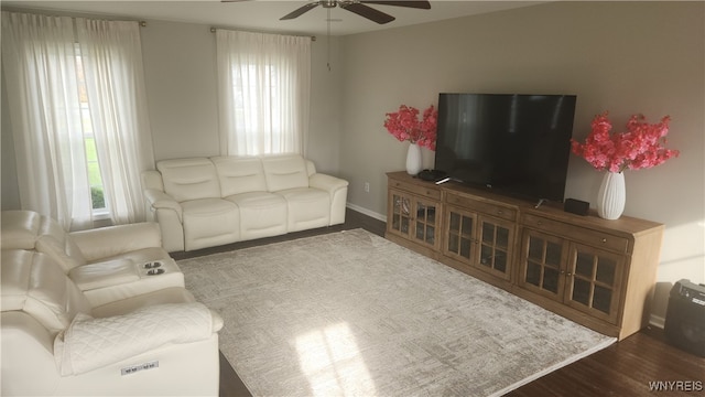 living room with hardwood / wood-style flooring and ceiling fan