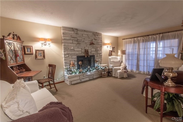 carpeted living room featuring a fireplace