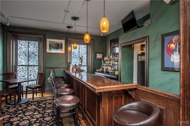 bar featuring decorative light fixtures and a healthy amount of sunlight