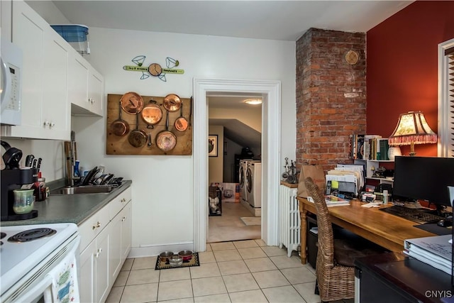 8 E Park, Kirkland, NY 13323 - kitchen with washer and dryer, a desk, white cabinetry, light tile patterned flooring, and white appliances