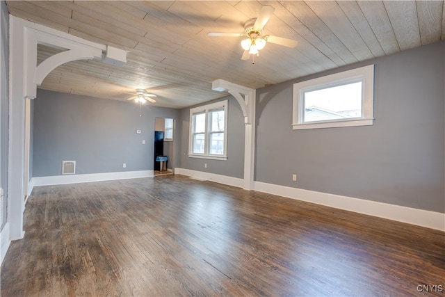 empty room with dark hardwood / wood-style floors, ceiling fan, and wood ceiling