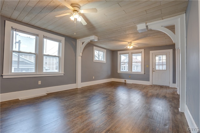 interior space featuring ceiling fan, wooden ceiling, and dark wood-type flooring