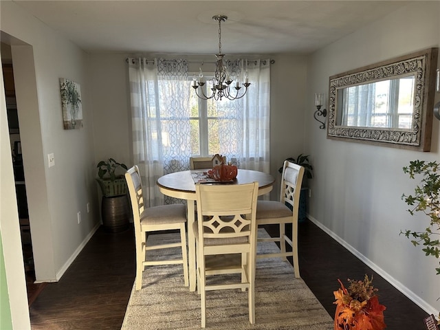 dining area with plenty of natural light, dark wood-type flooring, and a chandelier