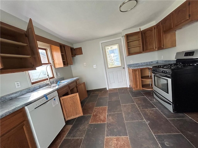 19 Jay St, Phelps, NY 14532 - kitchen featuring open shelves, stainless steel gas stove, dishwasher, and plenty of natural light