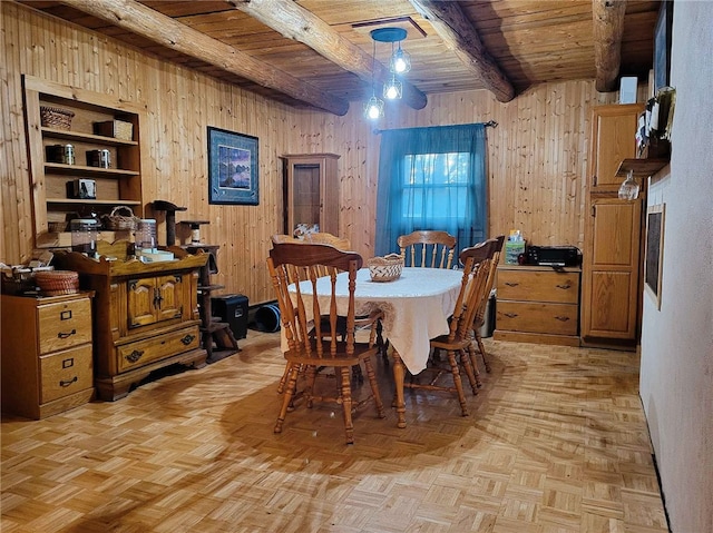 dining area featuring wood walls, light parquet flooring, beamed ceiling, and wood ceiling