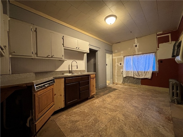 kitchen with white cabinetry, radiator, and sink