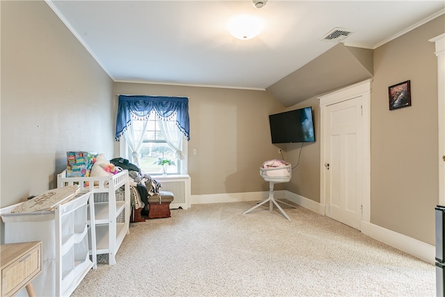 interior space with carpet flooring, vaulted ceiling, and crown molding