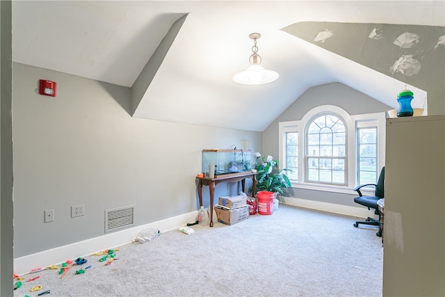 recreation room with carpet and lofted ceiling