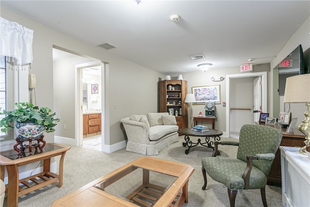 living room with light colored carpet