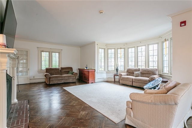 living room featuring dark parquet flooring, baseboard heating, and crown molding