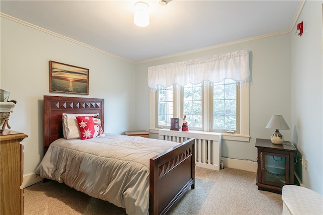 bedroom featuring light carpet, radiator heating unit, and ornamental molding