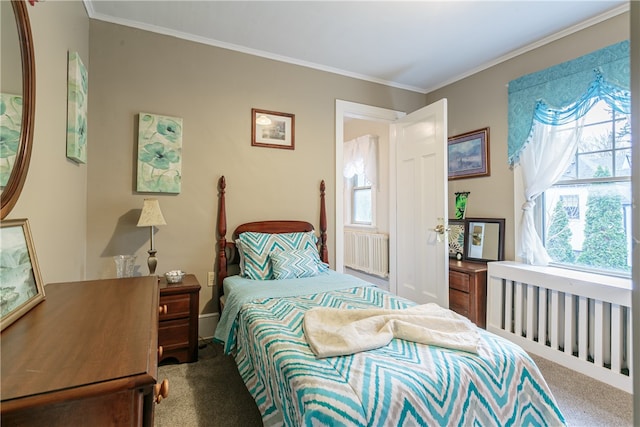 carpeted bedroom featuring crown molding