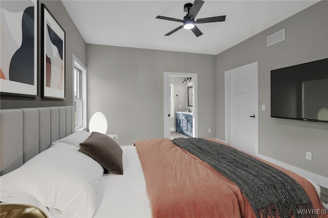 bedroom featuring ensuite bathroom and ceiling fan