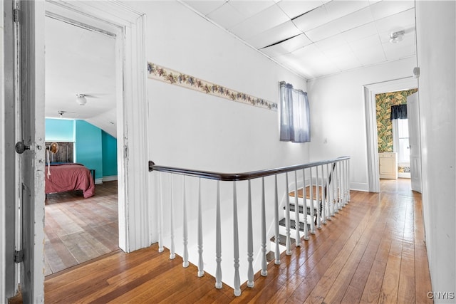 corridor with lofted ceiling and hardwood / wood-style flooring