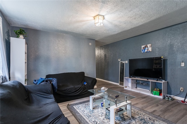 living room featuring a textured ceiling and hardwood / wood-style flooring