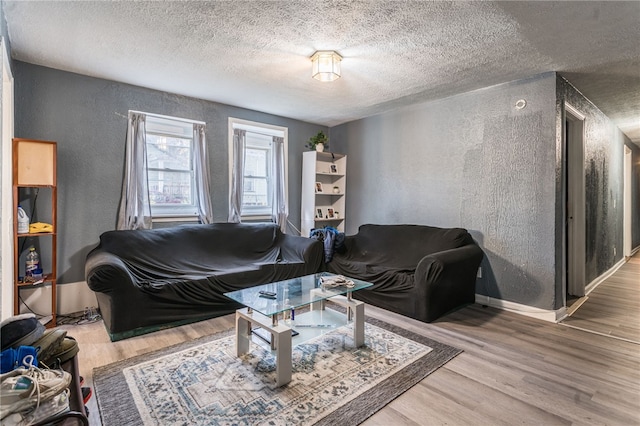 living room with a textured ceiling and hardwood / wood-style flooring