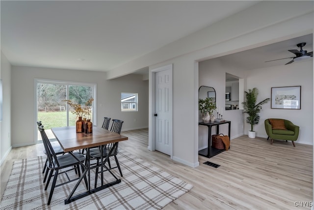 dining room featuring ceiling fan and light hardwood / wood-style floors