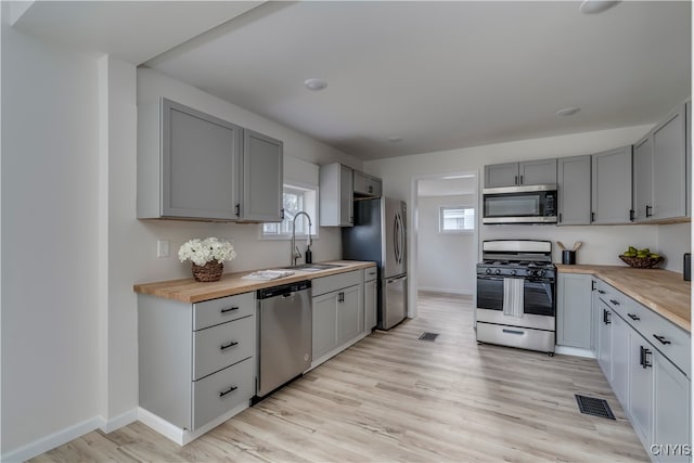 kitchen with wood counters, appliances with stainless steel finishes, light hardwood / wood-style flooring, and sink