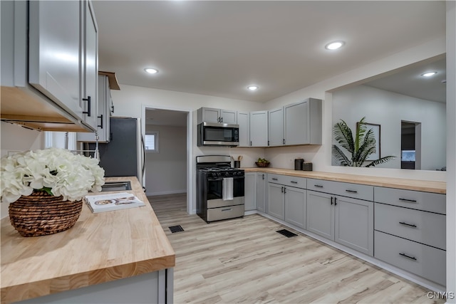 kitchen with butcher block counters, light hardwood / wood-style flooring, gray cabinetry, and stainless steel appliances