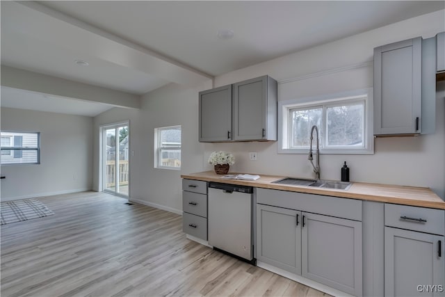 kitchen with butcher block counters, a wealth of natural light, sink, and stainless steel dishwasher