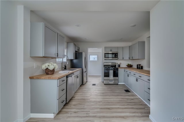 kitchen featuring gray cabinetry, sink, stainless steel appliances, wooden counters, and light hardwood / wood-style floors