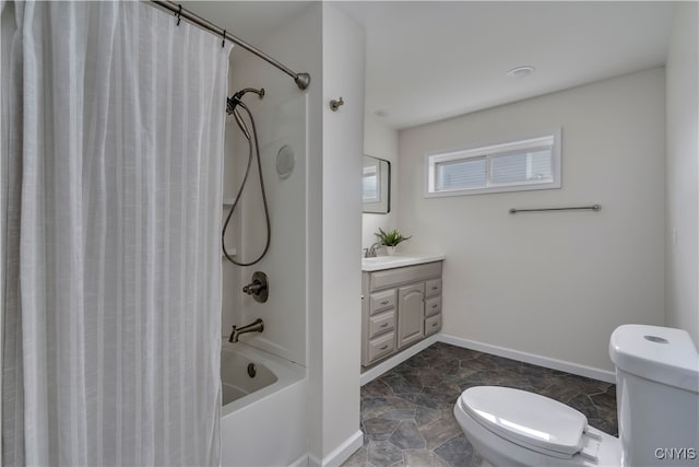 full bathroom with shower / bathtub combination with curtain, vanity, and toilet