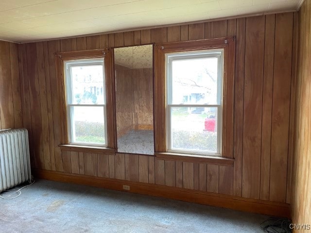 interior space featuring radiator heating unit, plenty of natural light, and wooden walls