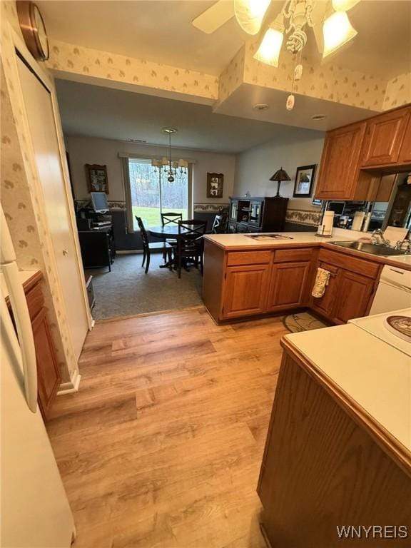 kitchen featuring ceiling fan with notable chandelier, sink, hanging light fixtures, light hardwood / wood-style floors, and kitchen peninsula