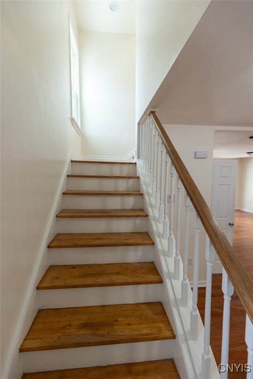 stairs with hardwood / wood-style flooring