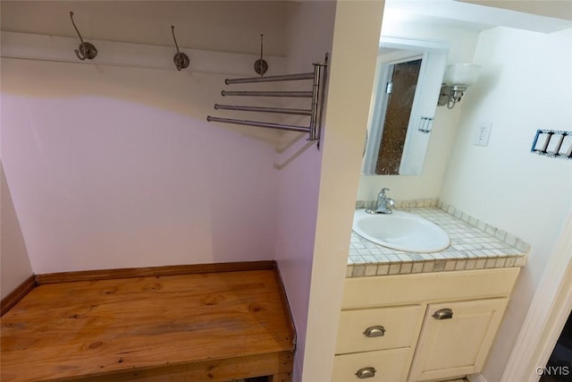 bathroom with hardwood / wood-style floors and vanity