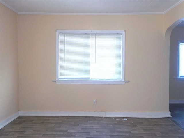 empty room featuring dark hardwood / wood-style flooring and crown molding