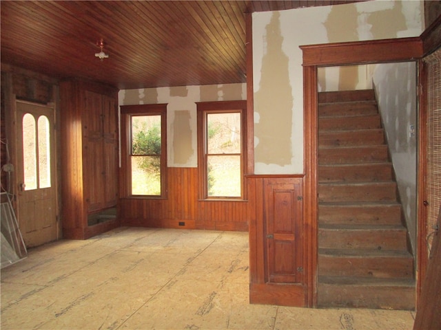 interior space featuring wooden walls and wooden ceiling