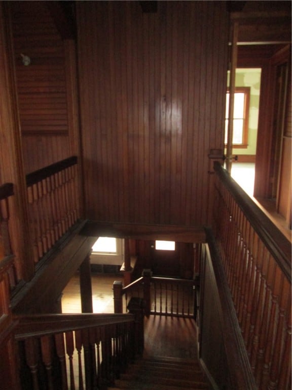 stairway with wooden walls and hardwood / wood-style floors