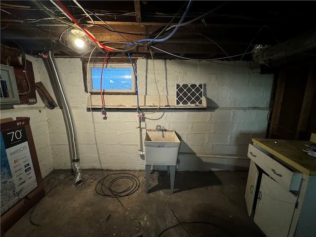 basement with electric panel and sink