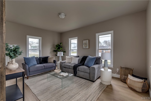 living room with light wood-type flooring and a healthy amount of sunlight