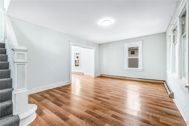 unfurnished living room with light hardwood / wood-style floors and a baseboard radiator