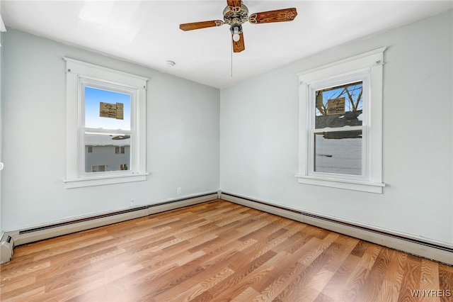 empty room with ceiling fan, light hardwood / wood-style floors, and baseboard heating