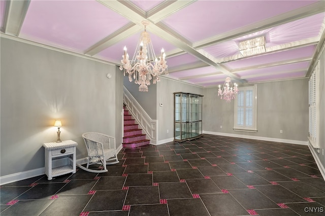 interior space featuring beam ceiling, crown molding, a chandelier, and coffered ceiling